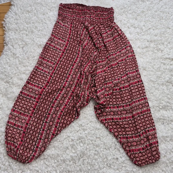 Boho Harem Pants Red Patterned One Size Smocked Waist Festival Yoga Lounge - Picture 2 of 4